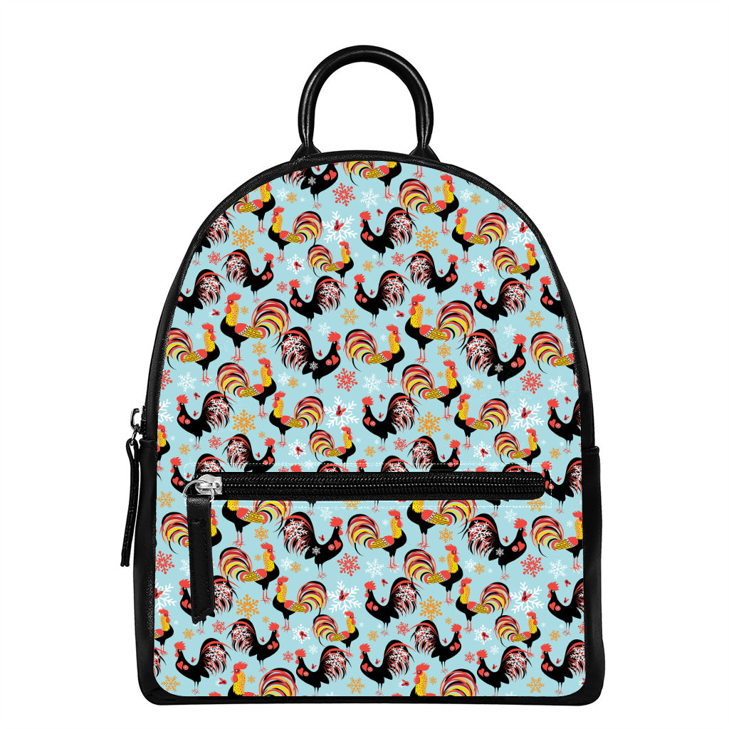 Rooster And Snowflake Pattern Print Leather Backpack