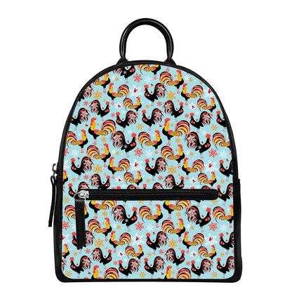 Rooster And Snowflake Pattern Print Leather Backpack