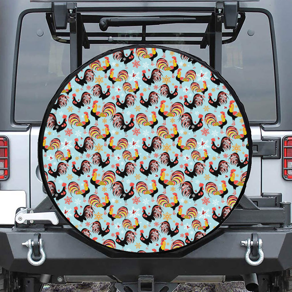 Rooster And Snowflake Pattern Print Leather Spare Tire Cover