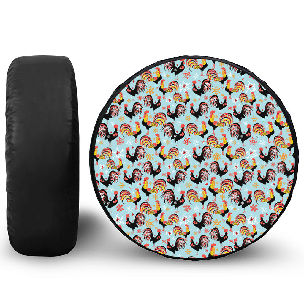 Rooster And Snowflake Pattern Print Leather Spare Tire Cover