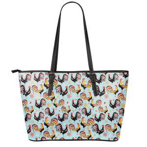 Rooster And Snowflake Pattern Print Leather Tote Bag