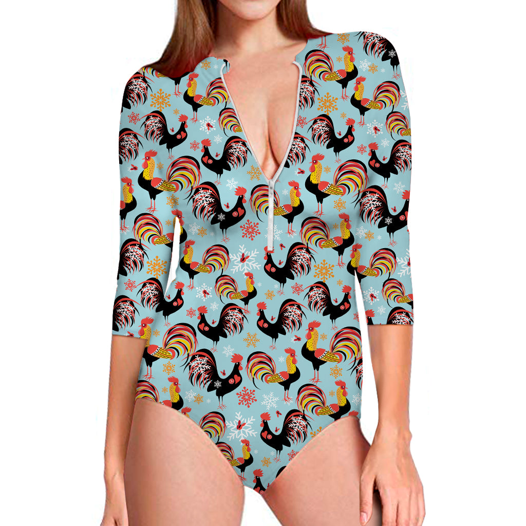 Rooster And Snowflake Pattern Print Long Sleeve Swimsuit