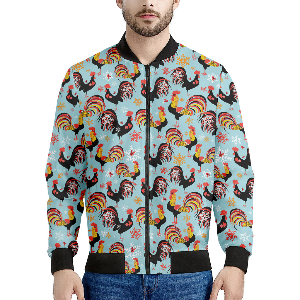 Rooster And Snowflake Pattern Print Men's Bomber Jacket