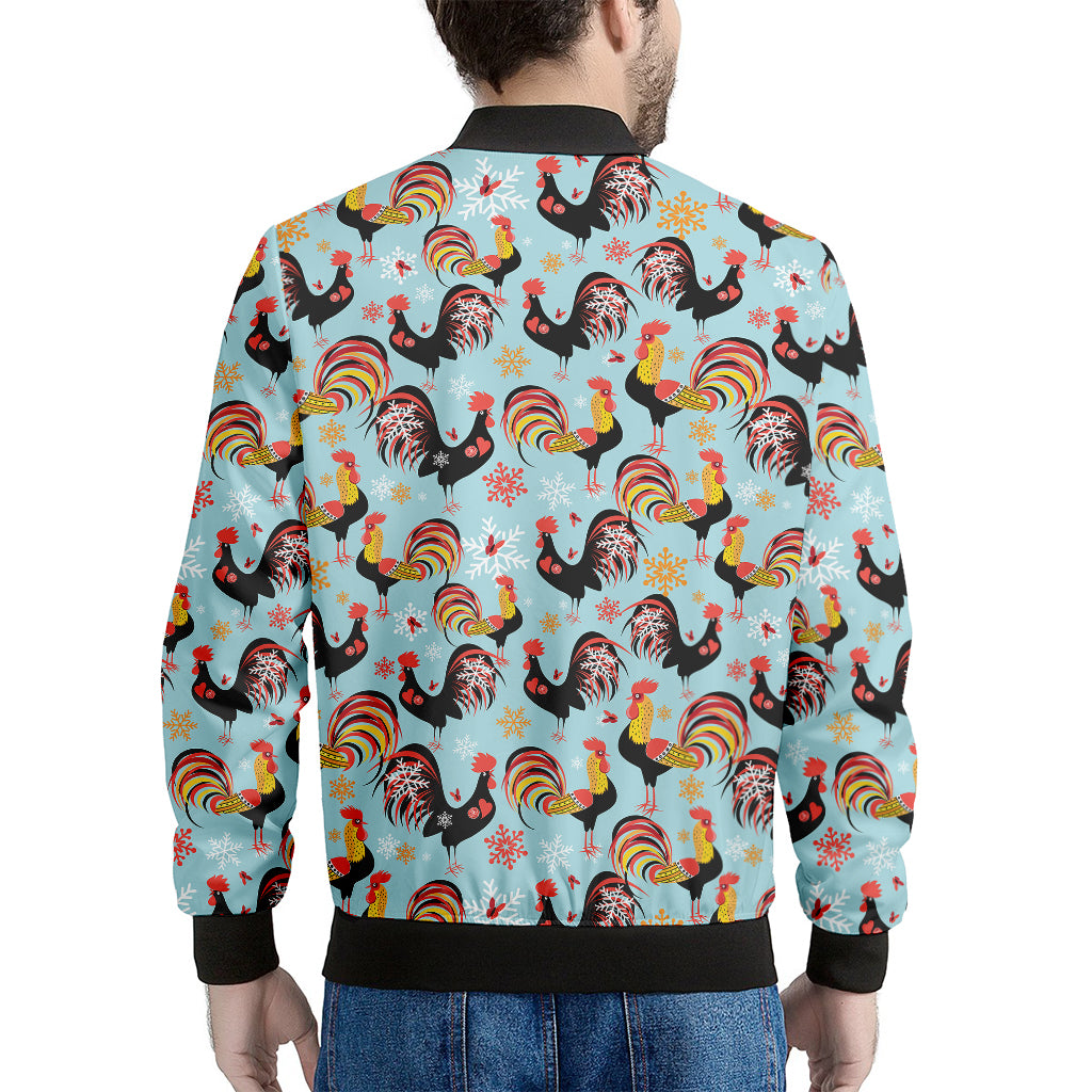 Rooster And Snowflake Pattern Print Men's Bomber Jacket