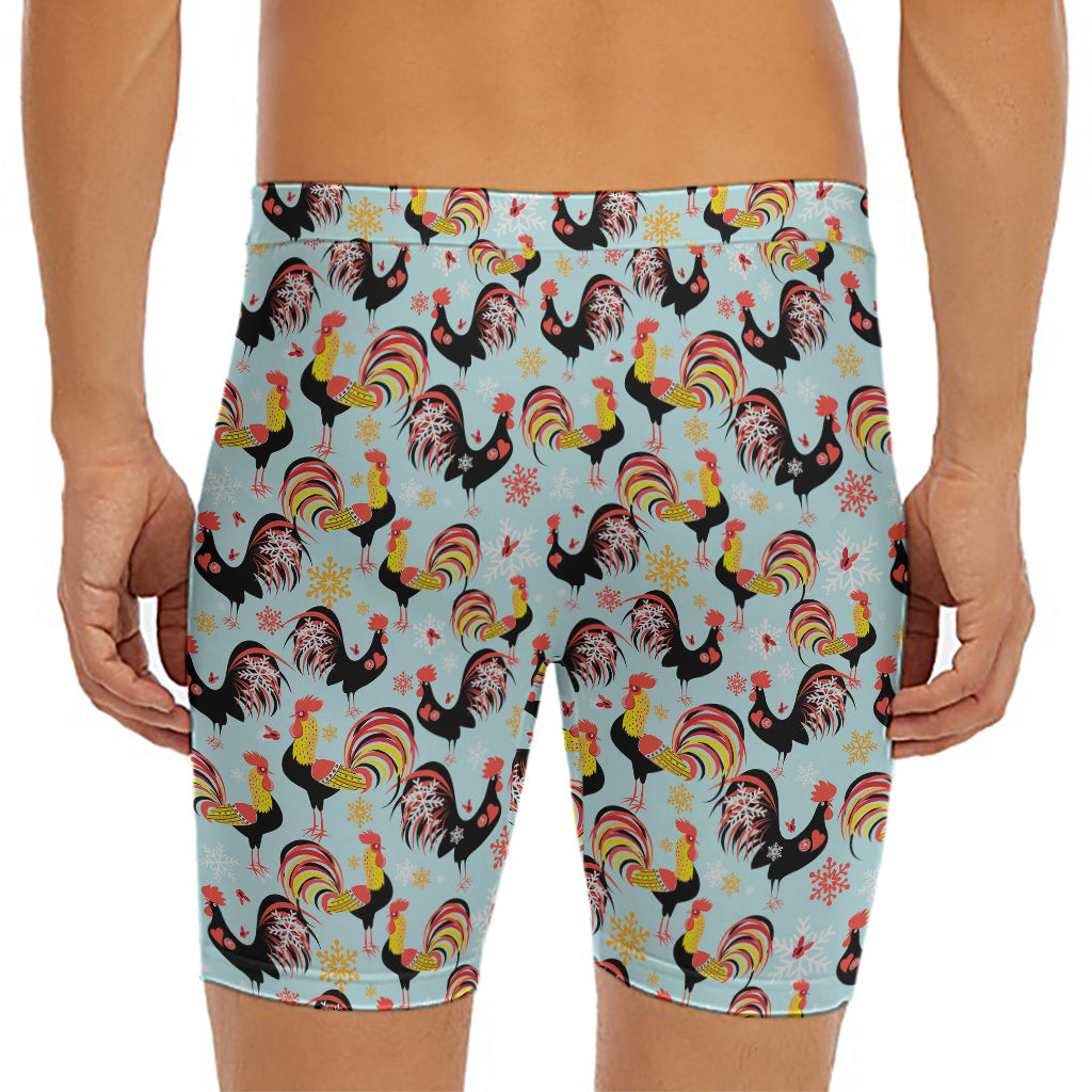 Rooster And Snowflake Pattern Print Men's Long Boxer Briefs