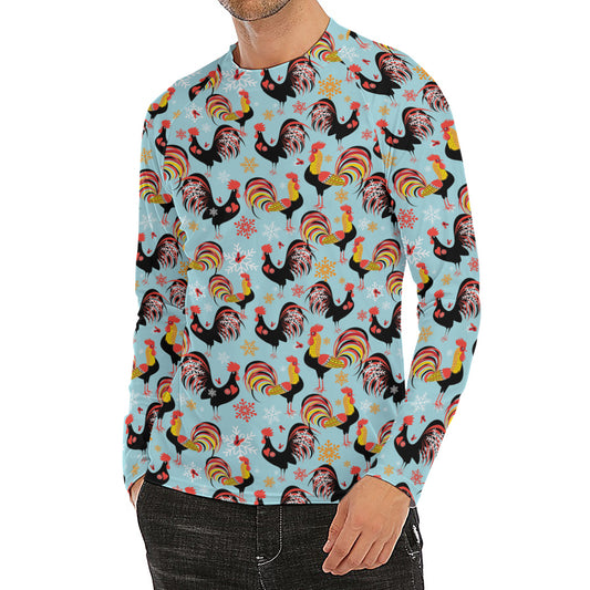 Rooster And Snowflake Pattern Print Men's Long Sleeve Rash Guard