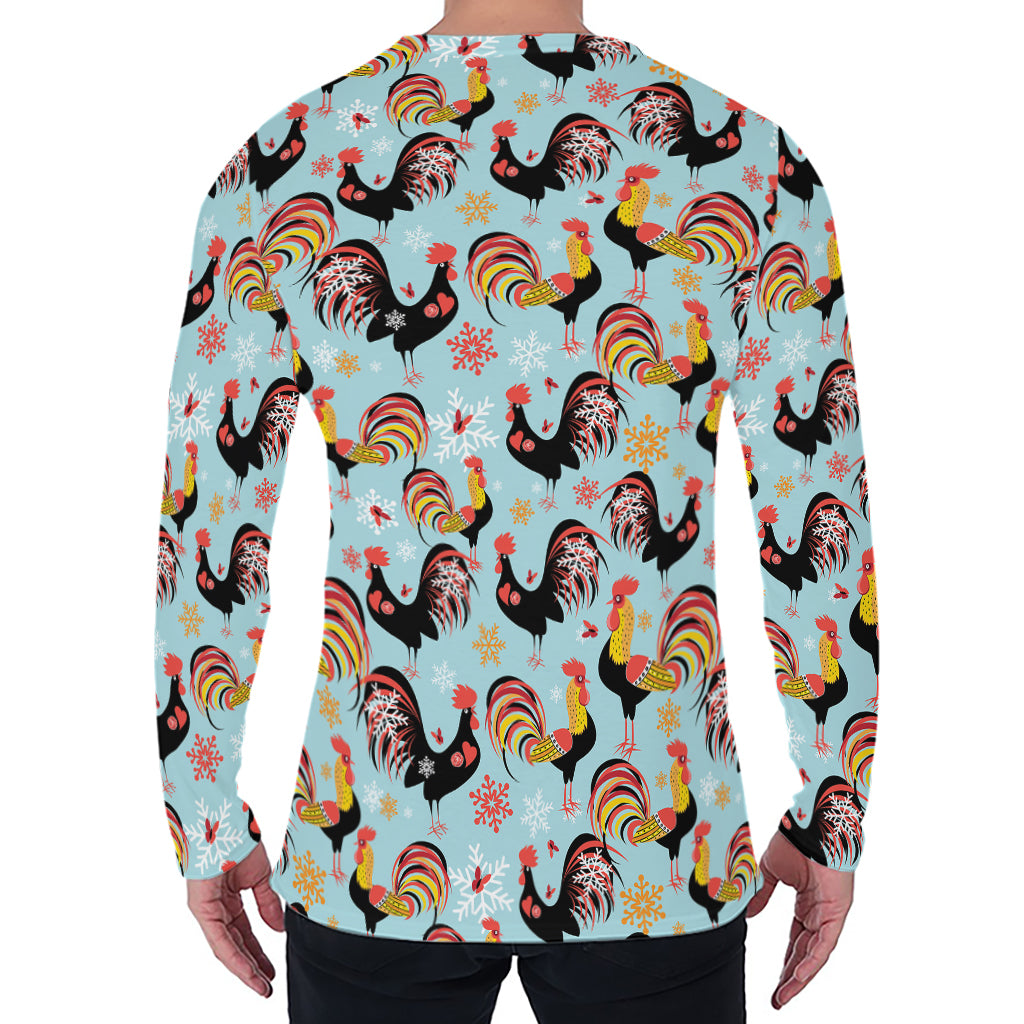 Rooster And Snowflake Pattern Print Men's Long Sleeve T-Shirt