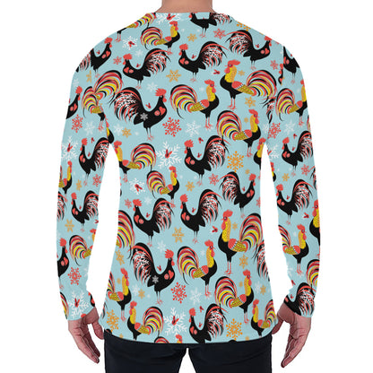 Rooster And Snowflake Pattern Print Men's Long Sleeve T-Shirt