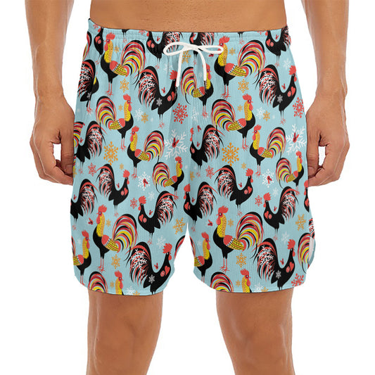 Rooster And Snowflake Pattern Print Men's Split Running Shorts