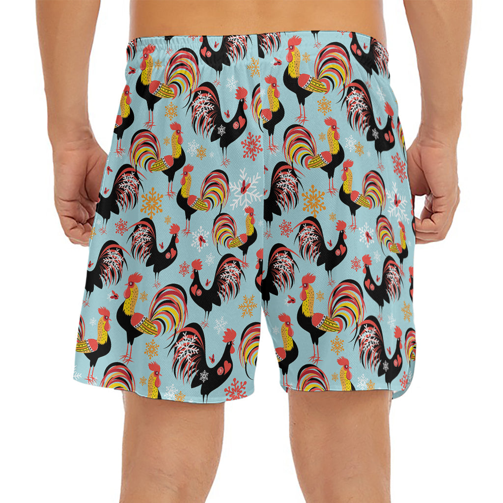 Rooster And Snowflake Pattern Print Men's Split Running Shorts