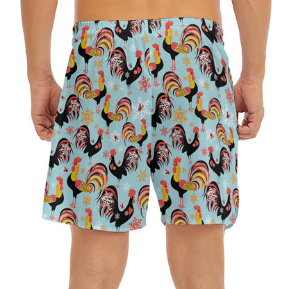 Rooster And Snowflake Pattern Print Men's Split Running Shorts