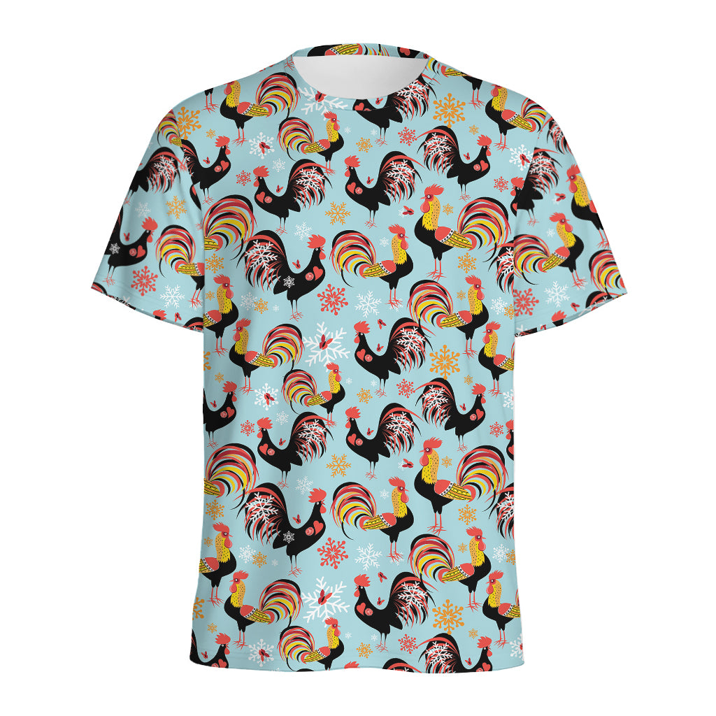 Rooster And Snowflake Pattern Print Men's Sports T-Shirt
