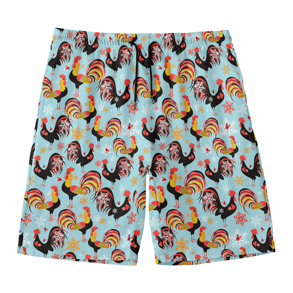 Rooster And Snowflake Pattern Print Men's Swim Trunks