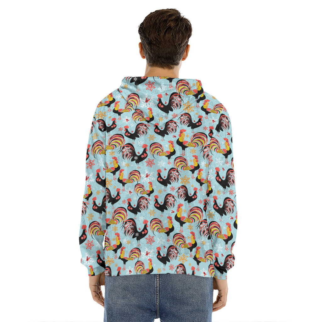 Rooster And Snowflake Pattern Print Men's Velvet Pullover Hoodie