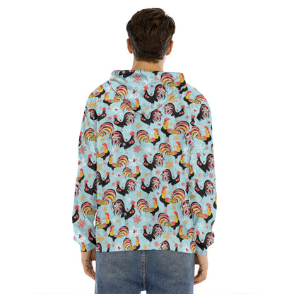 Rooster And Snowflake Pattern Print Men's Velvet Pullover Hoodie