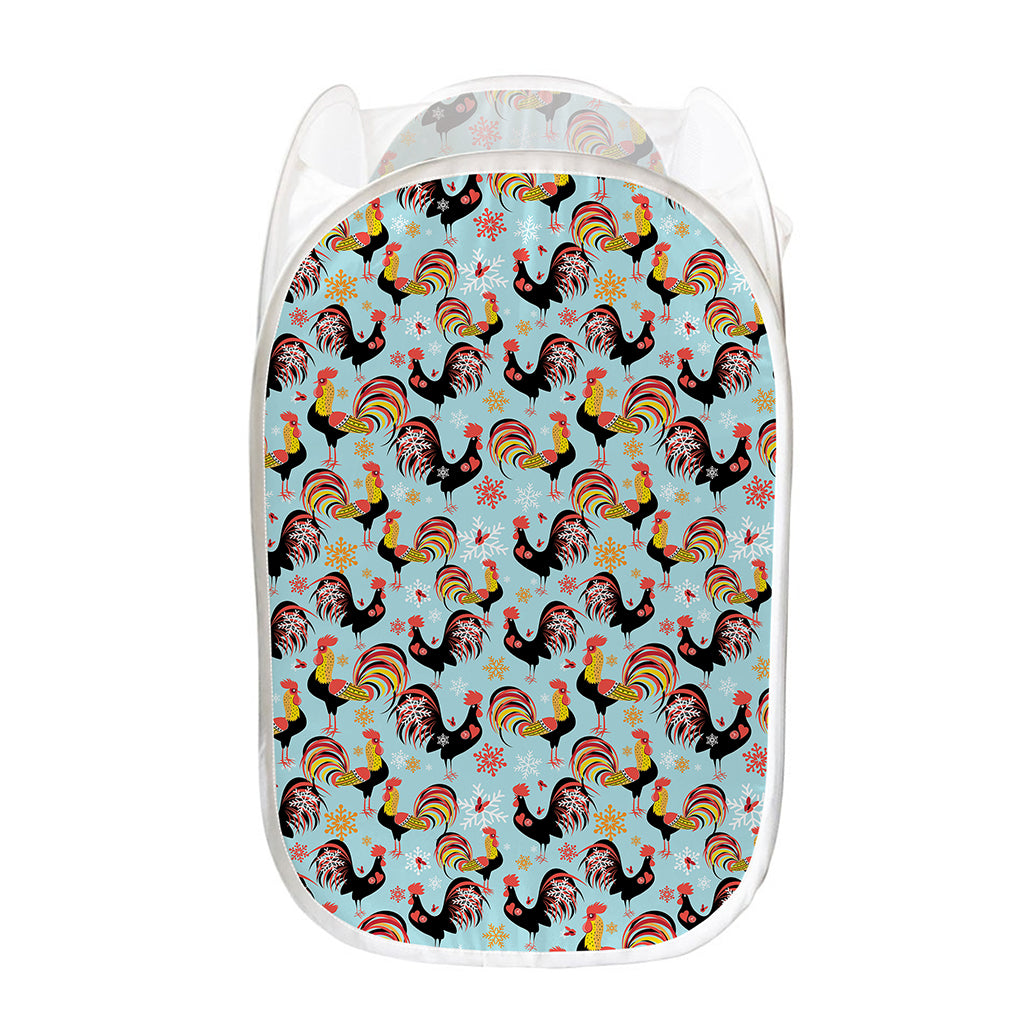 Rooster And Snowflake Pattern Print Mesh Laundry Hamper