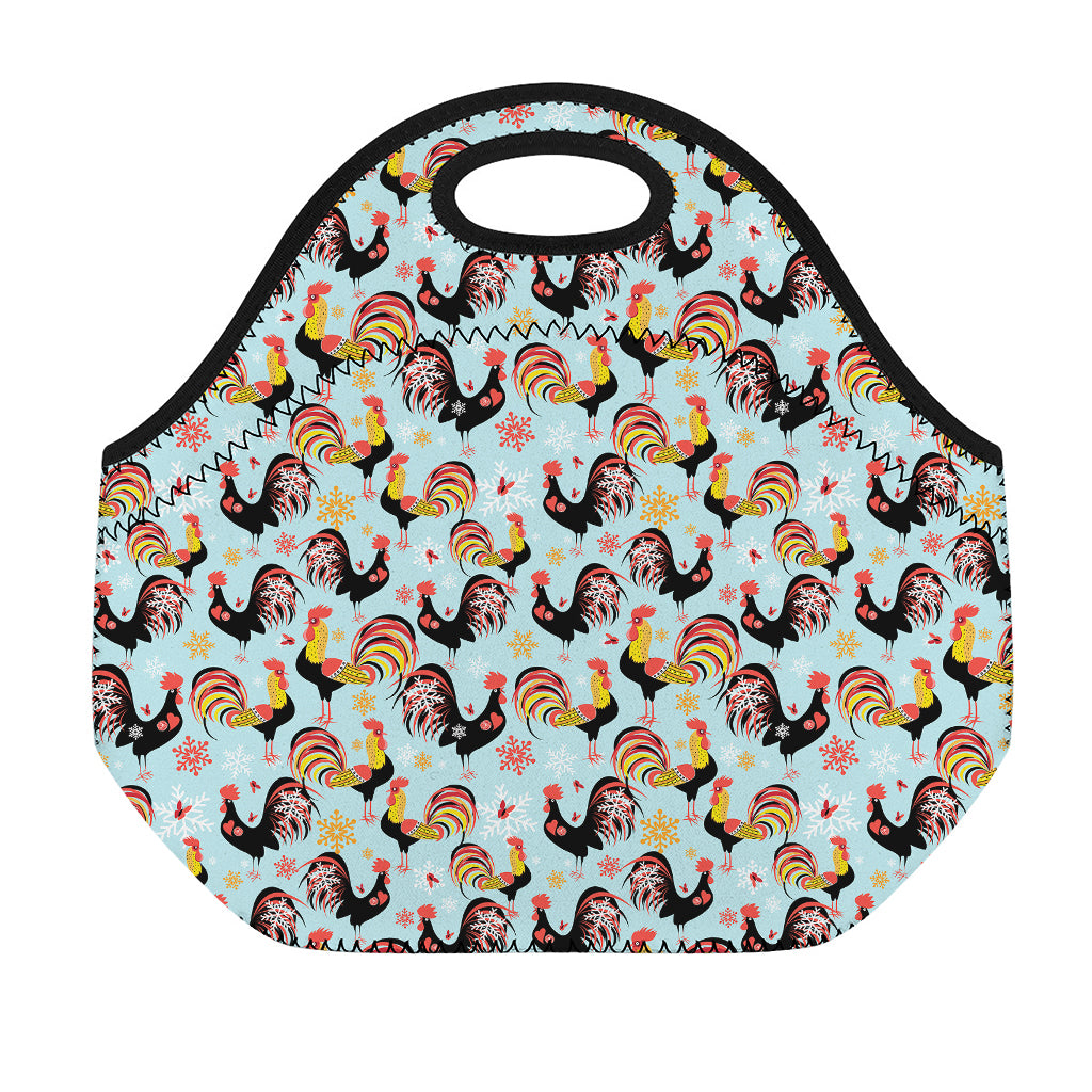 Rooster And Snowflake Pattern Print Neoprene Lunch Bag