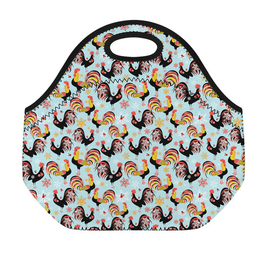 Rooster And Snowflake Pattern Print Neoprene Lunch Bag