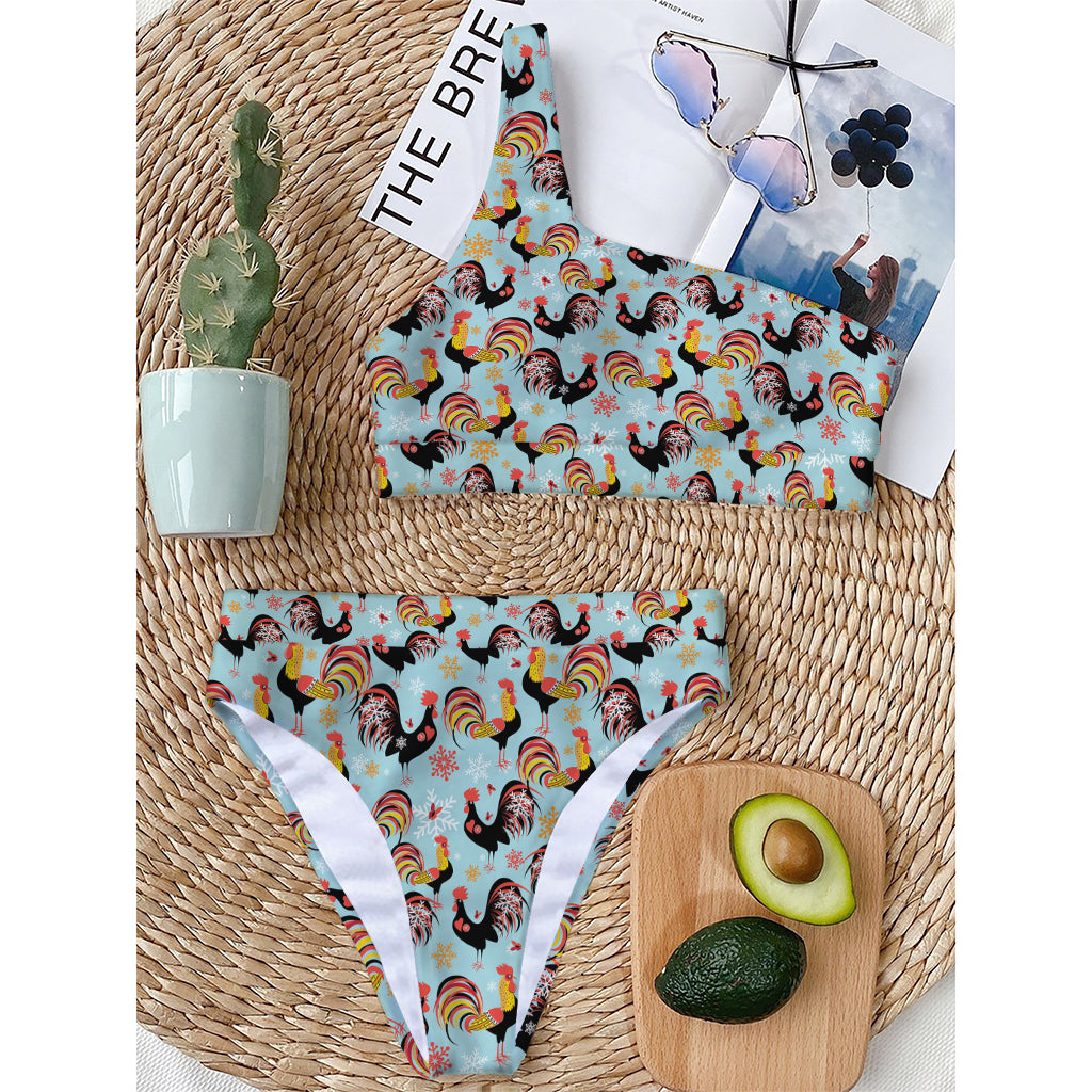 Rooster And Snowflake Pattern Print One Shoulder Bikini Top