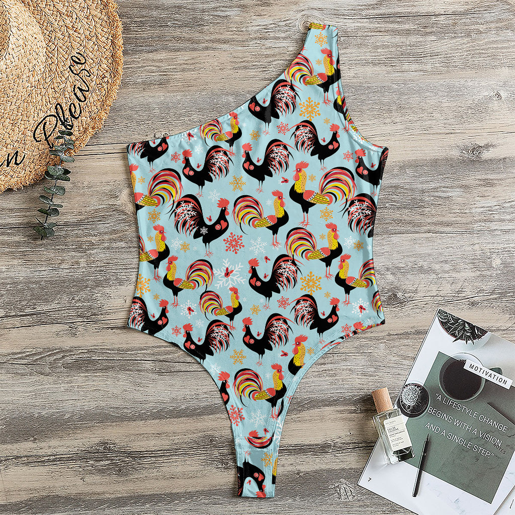 Rooster And Snowflake Pattern Print One Shoulder Bodysuit