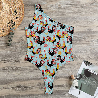 Rooster And Snowflake Pattern Print One Shoulder Bodysuit