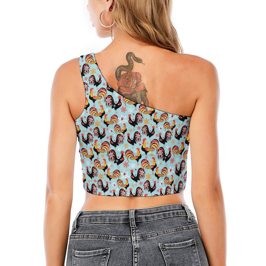 Rooster And Snowflake Pattern Print One Shoulder Crop Top