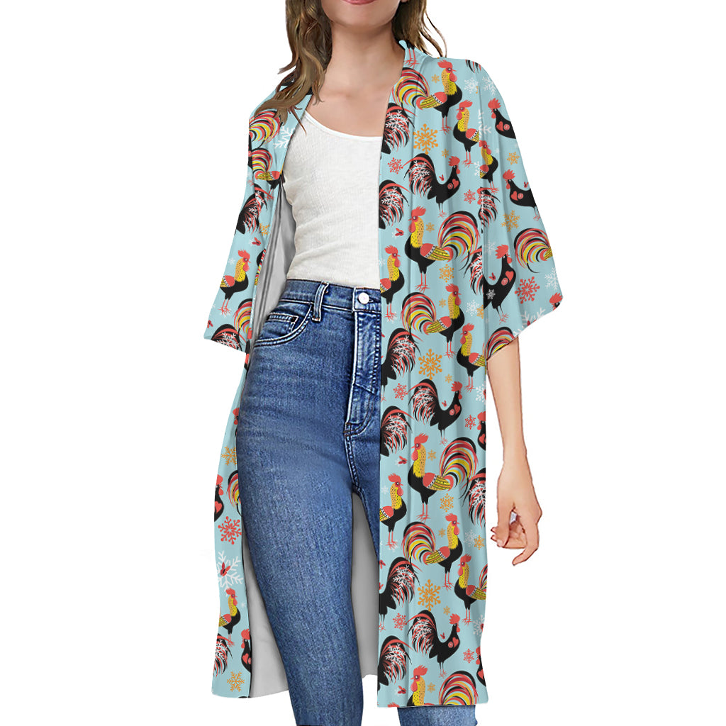Rooster And Snowflake Pattern Print Open Front Beach Cover Up