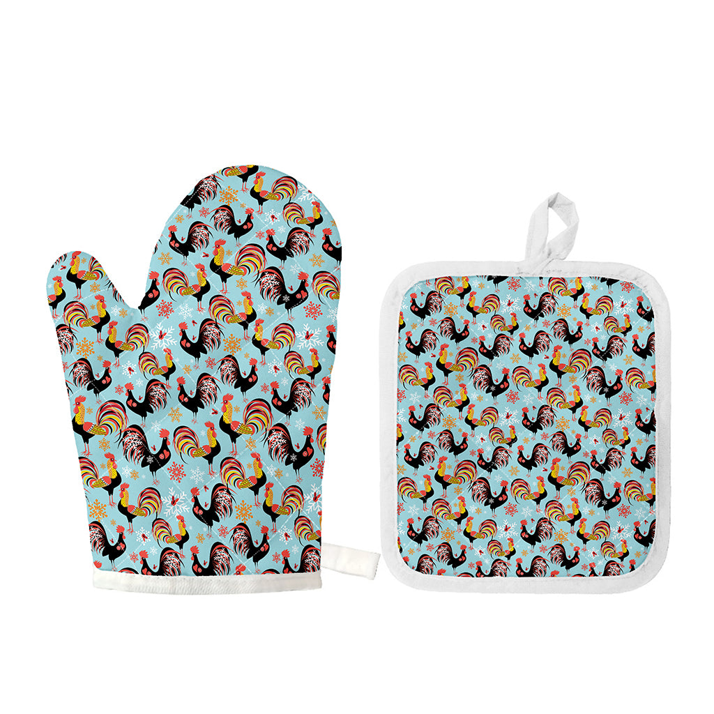 Rooster And Snowflake Pattern Print Oven Mitt And Pot Holder Set