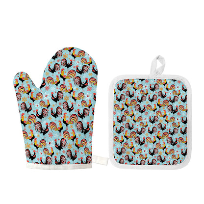 Rooster And Snowflake Pattern Print Oven Mitt And Pot Holder Set