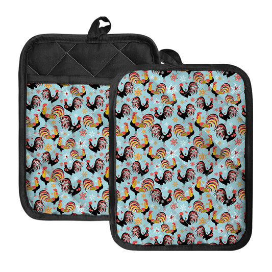 Rooster And Snowflake Pattern Print Pot Holders With Pocket
