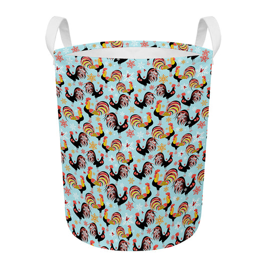 Rooster And Snowflake Pattern Print Round Laundry Basket