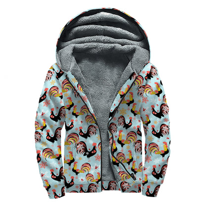 Rooster And Snowflake Pattern Print Sherpa Lined Zip Up Hoodie