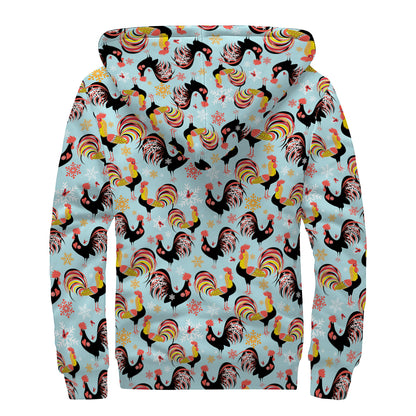 Rooster And Snowflake Pattern Print Sherpa Lined Zip Up Hoodie