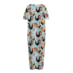 Rooster And Snowflake Pattern Print Short Sleeve Long Nightdress