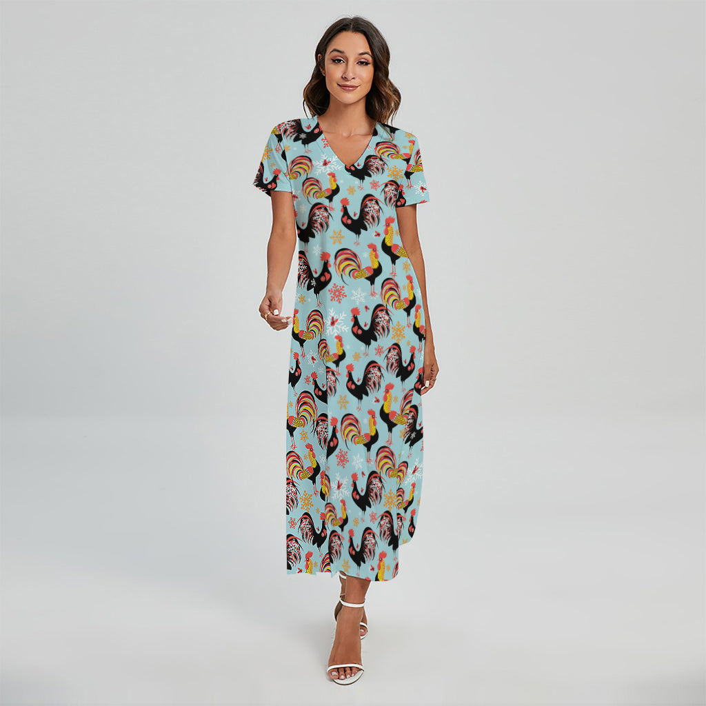 Rooster And Snowflake Pattern Print Short Sleeve Maxi Dress