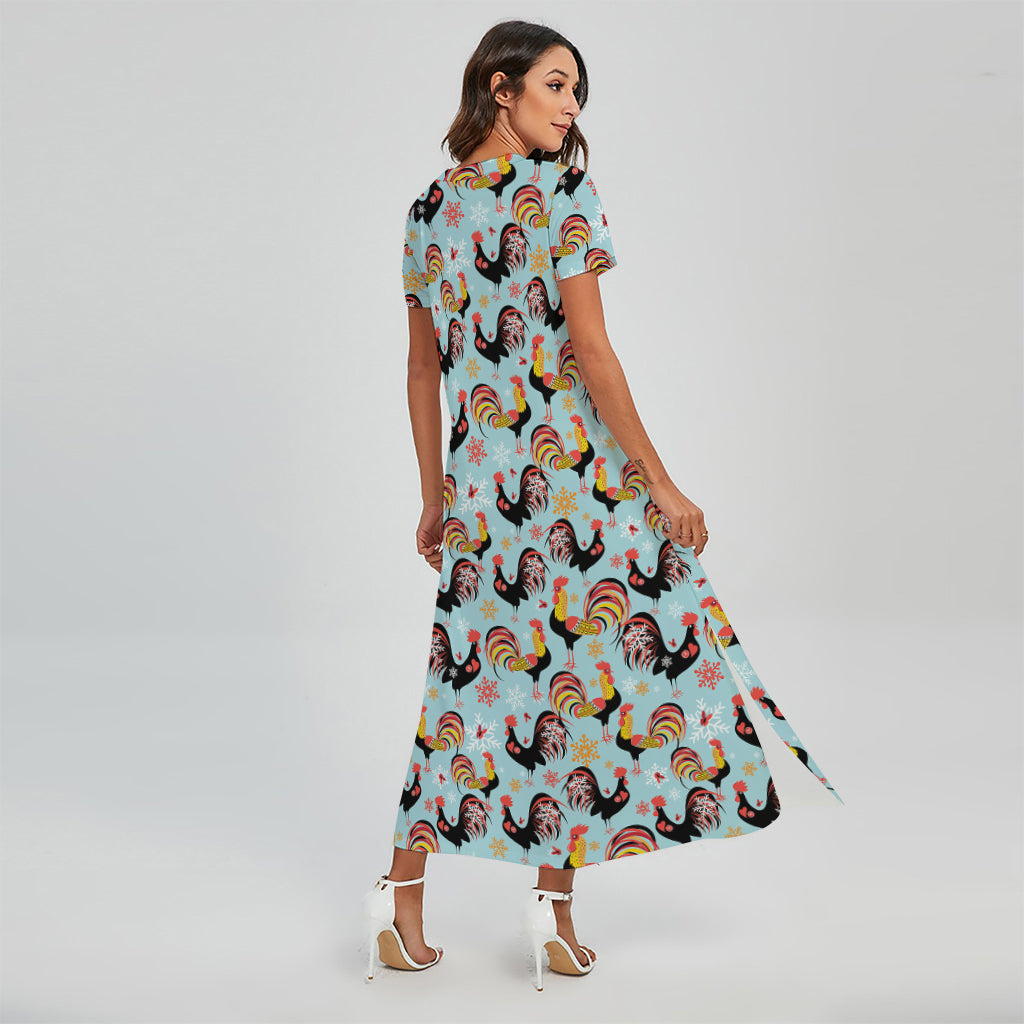 Rooster And Snowflake Pattern Print Short Sleeve Maxi Dress