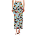 Rooster And Snowflake Pattern Print Side Slit Maxi Skirt