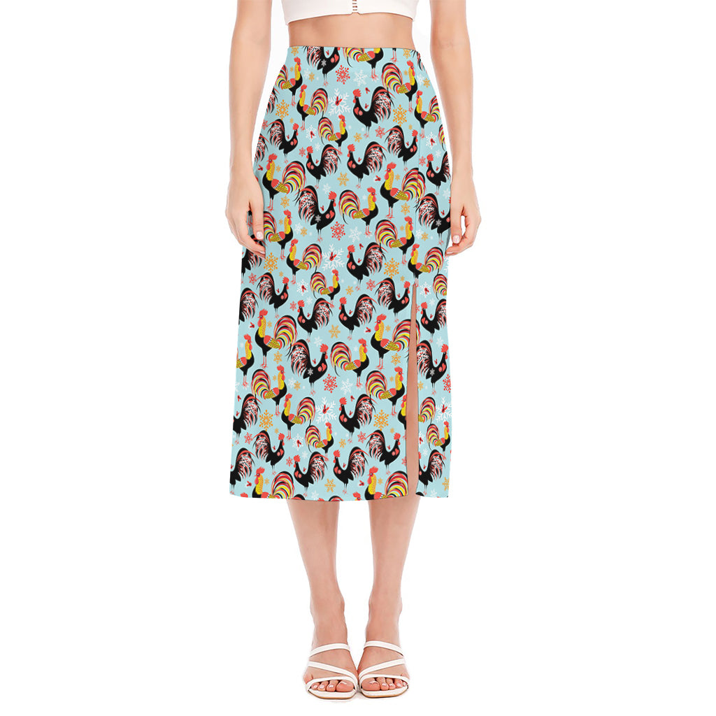 Rooster And Snowflake Pattern Print Side Slit Midi Skirt