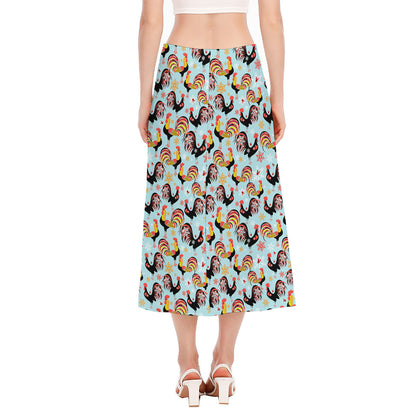 Rooster And Snowflake Pattern Print Side Slit Midi Skirt