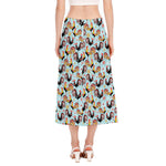 Rooster And Snowflake Pattern Print Side Slit Midi Skirt