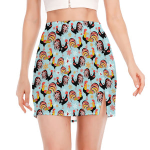 Rooster And Snowflake Pattern Print Side Slit Mini Skirt