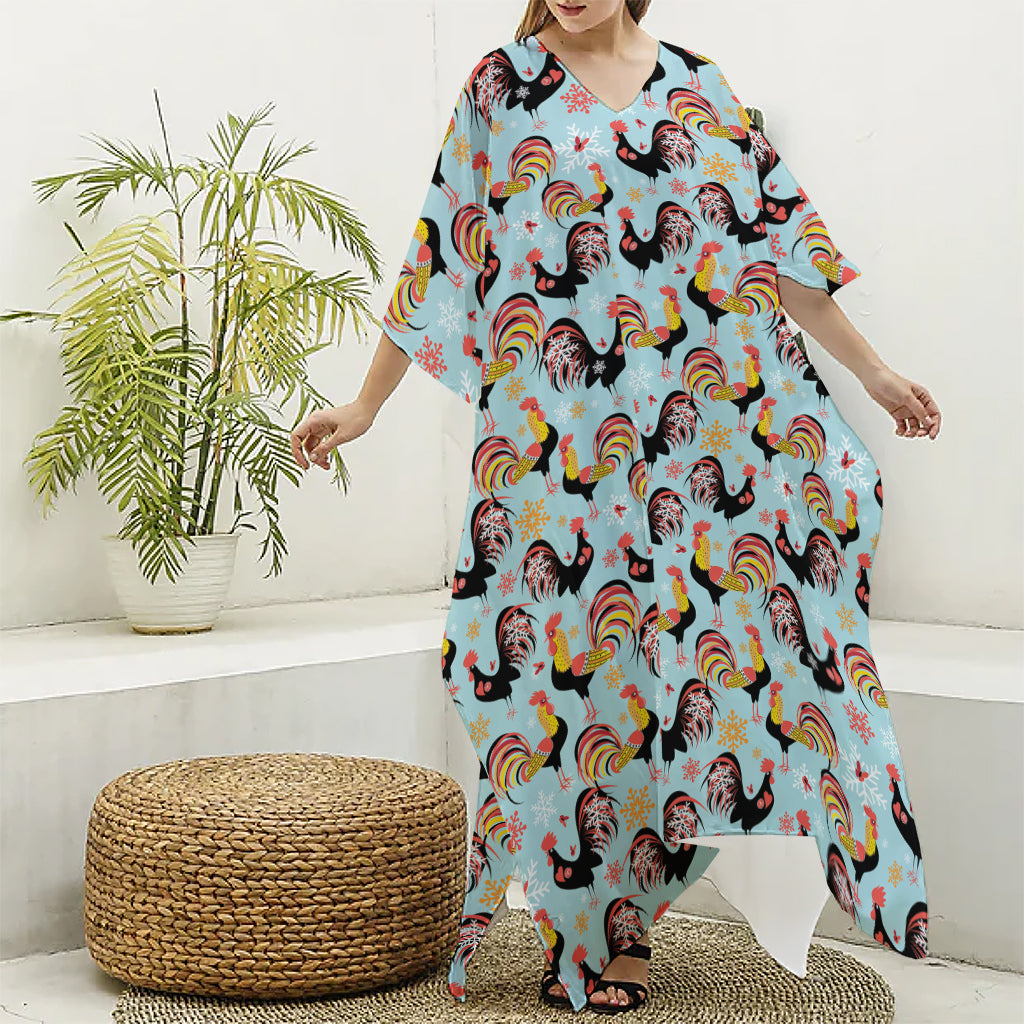 Rooster And Snowflake Pattern Print Silk V-Neck Kaftan Dress