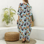 Rooster And Snowflake Pattern Print Silk V-Neck Kaftan Dress