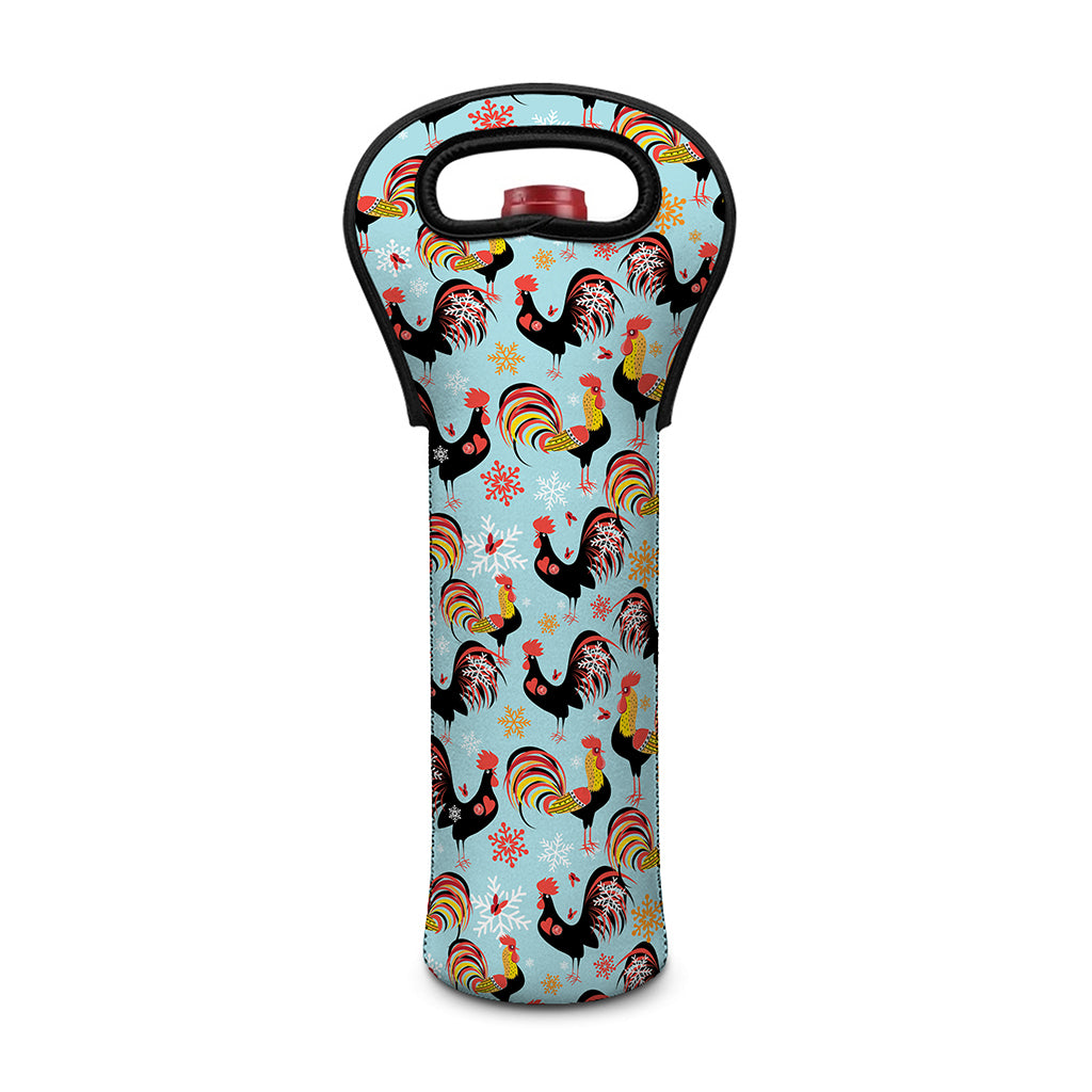 Rooster And Snowflake Pattern Print Single Neoprene Wine Tote