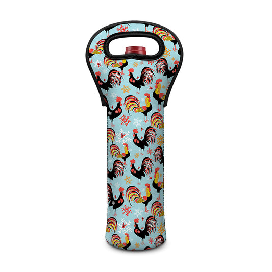 Rooster And Snowflake Pattern Print Single Neoprene Wine Tote