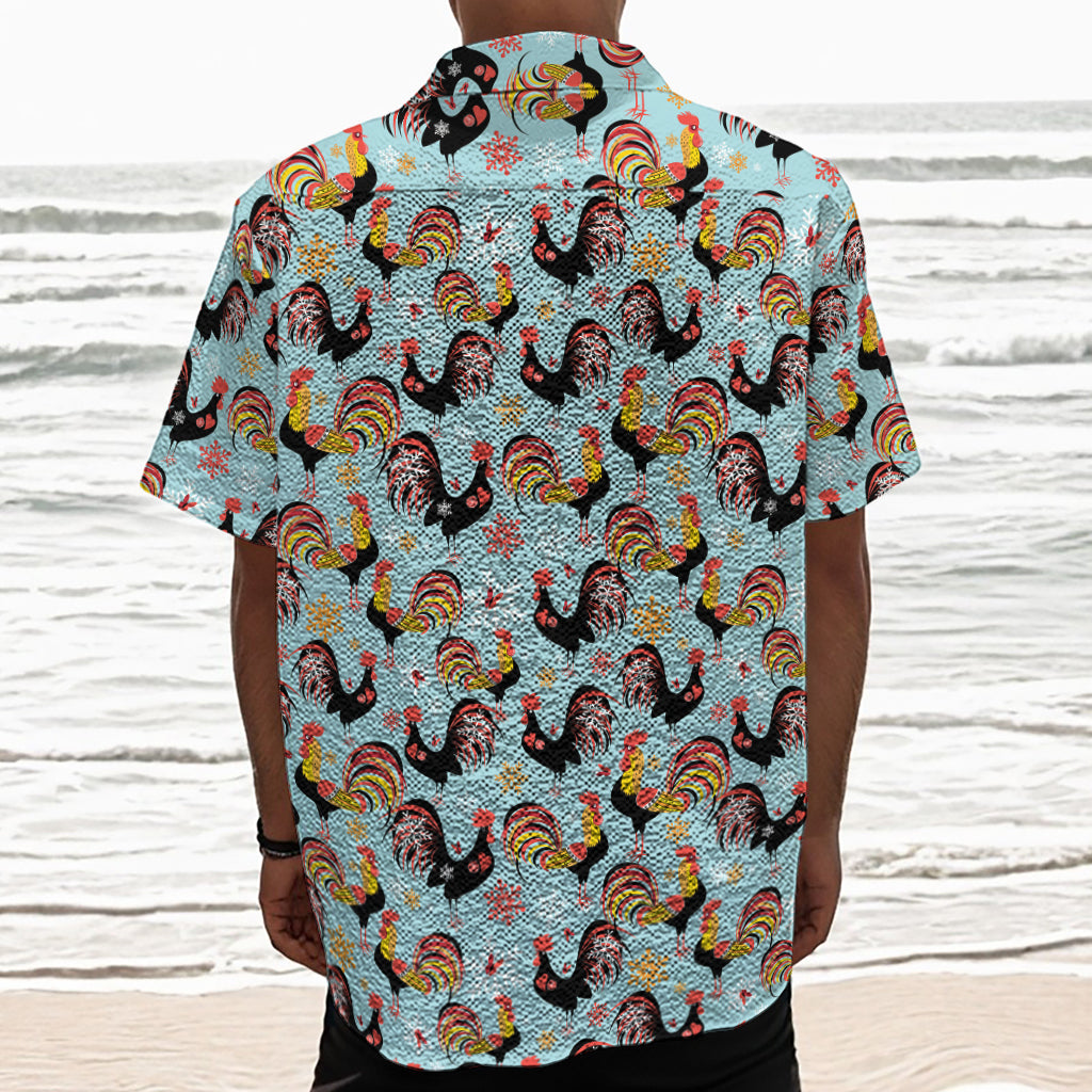 Rooster And Snowflake Pattern Print Textured Short Sleeve Shirt