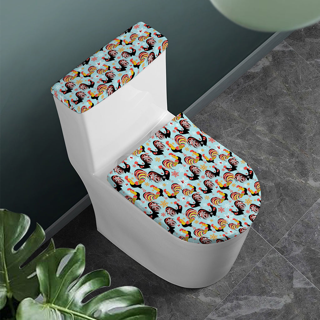 Rooster And Snowflake Pattern Print Toilet Lid And Tank Cover Set