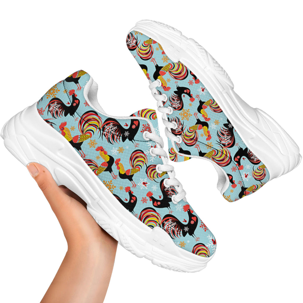 Rooster And Snowflake Pattern Print White Chunky Shoes