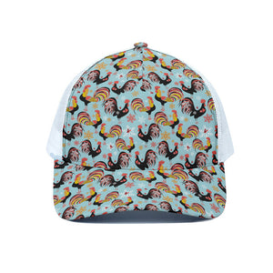 Rooster And Snowflake Pattern Print White Mesh Trucker Cap