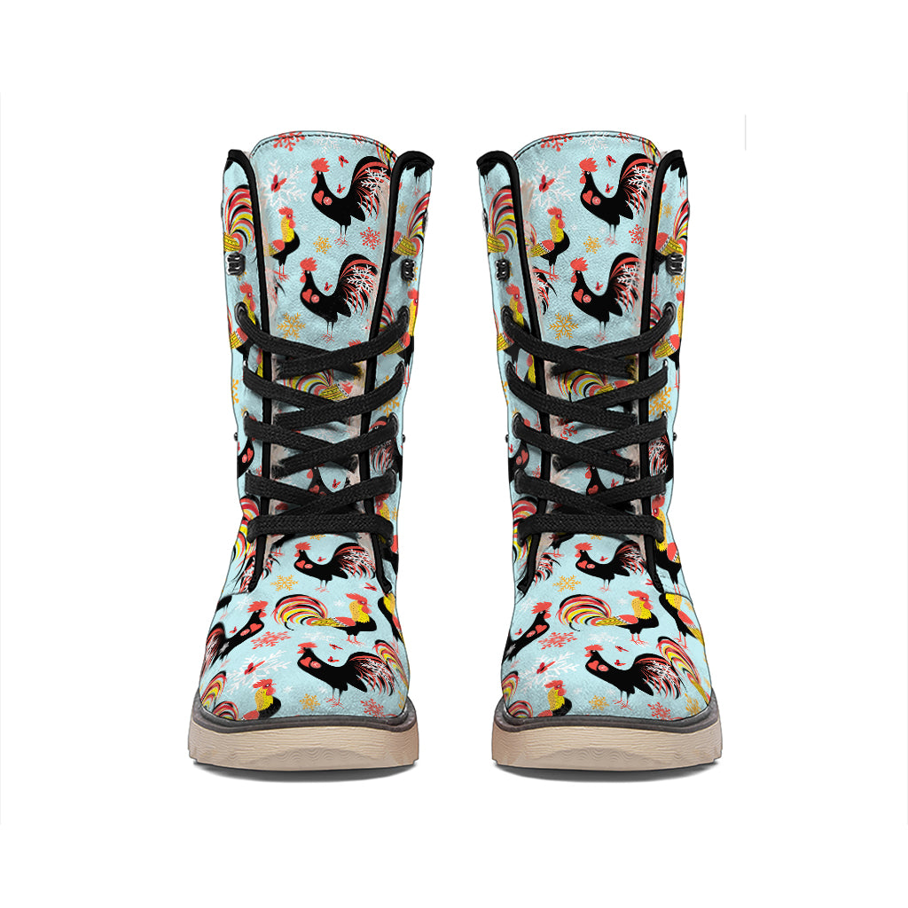 Rooster And Snowflake Pattern Print Winter Boots